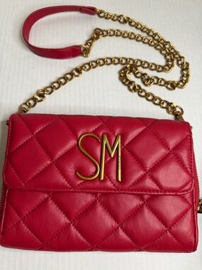 Steve Madden Logo Red Quilted Gold-tone Chain Strap Crossbody Bag